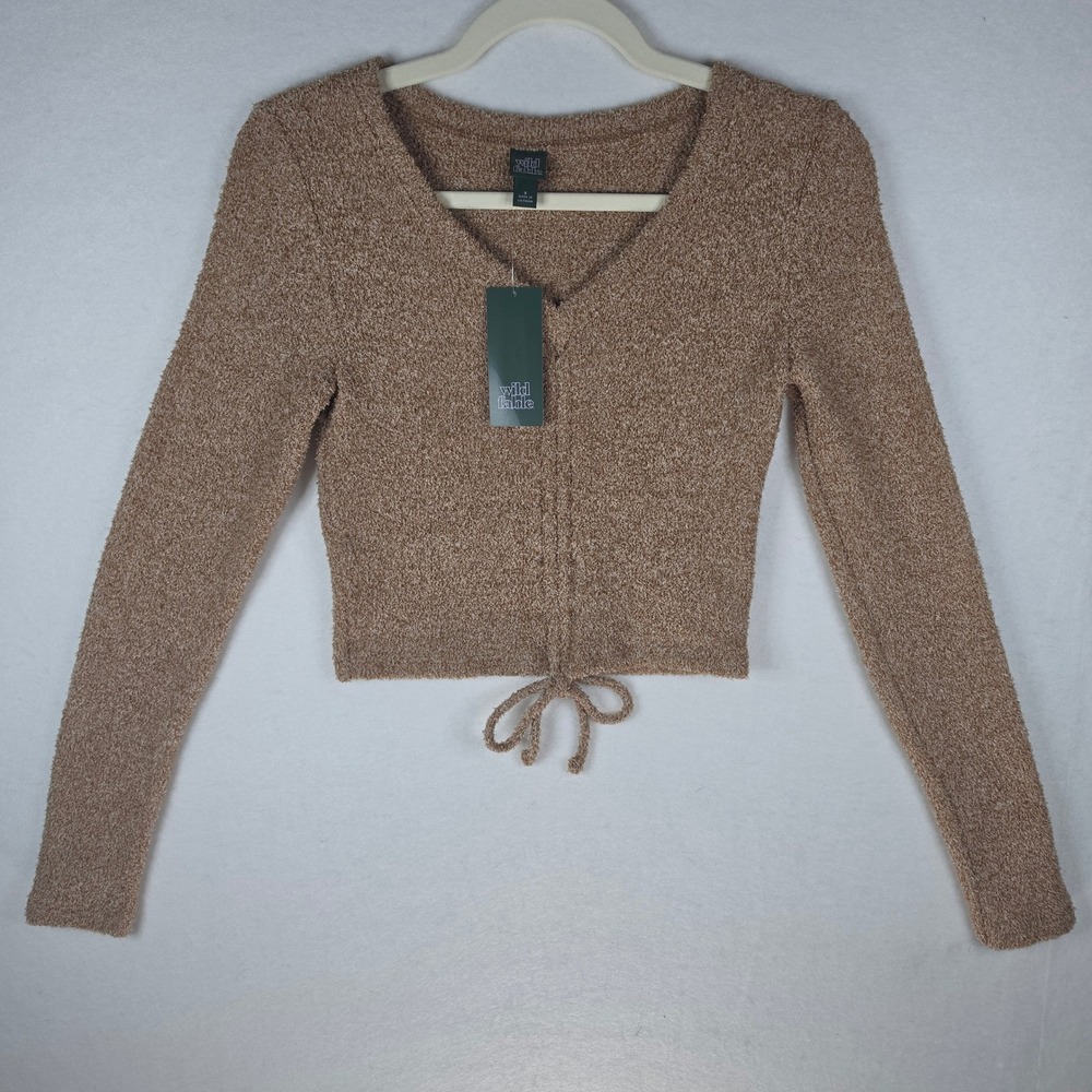 Wild Fable Brown Fuzzy Ruched Drawstring Crop Top Long Sleeve Small NWT